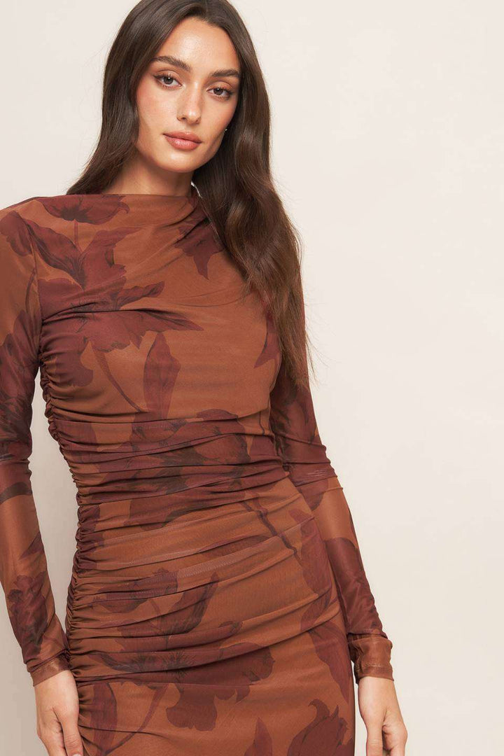 Sienna flower print mesh shirring dress featuring floral pattern and ruched detailing