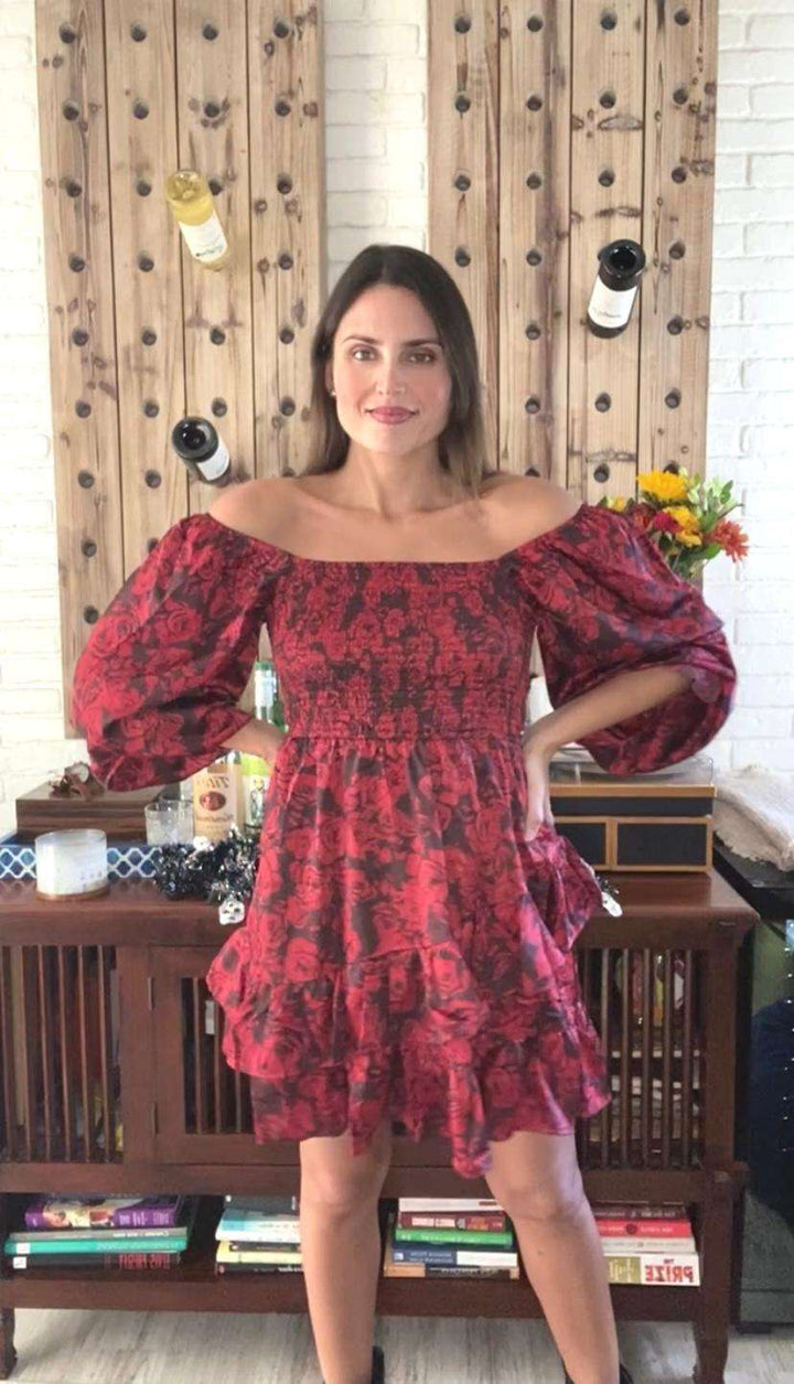 Red Black Flower Print Smock Dress