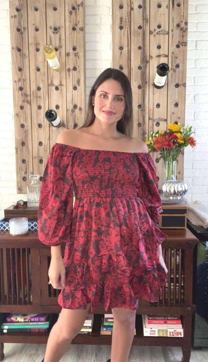 Red Black Flower Print Smock Dress