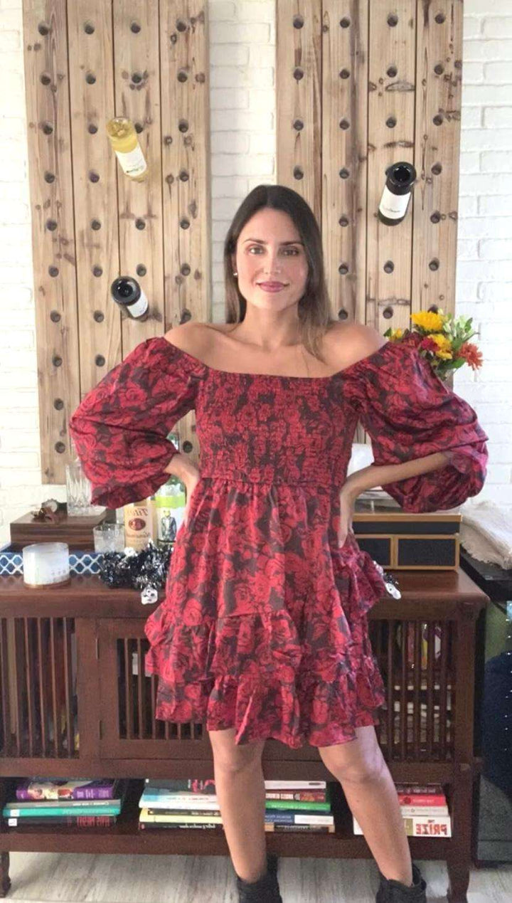 Red Black Flower Print Smock Dress