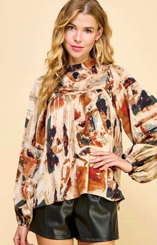 Taupe Abstract Print Top