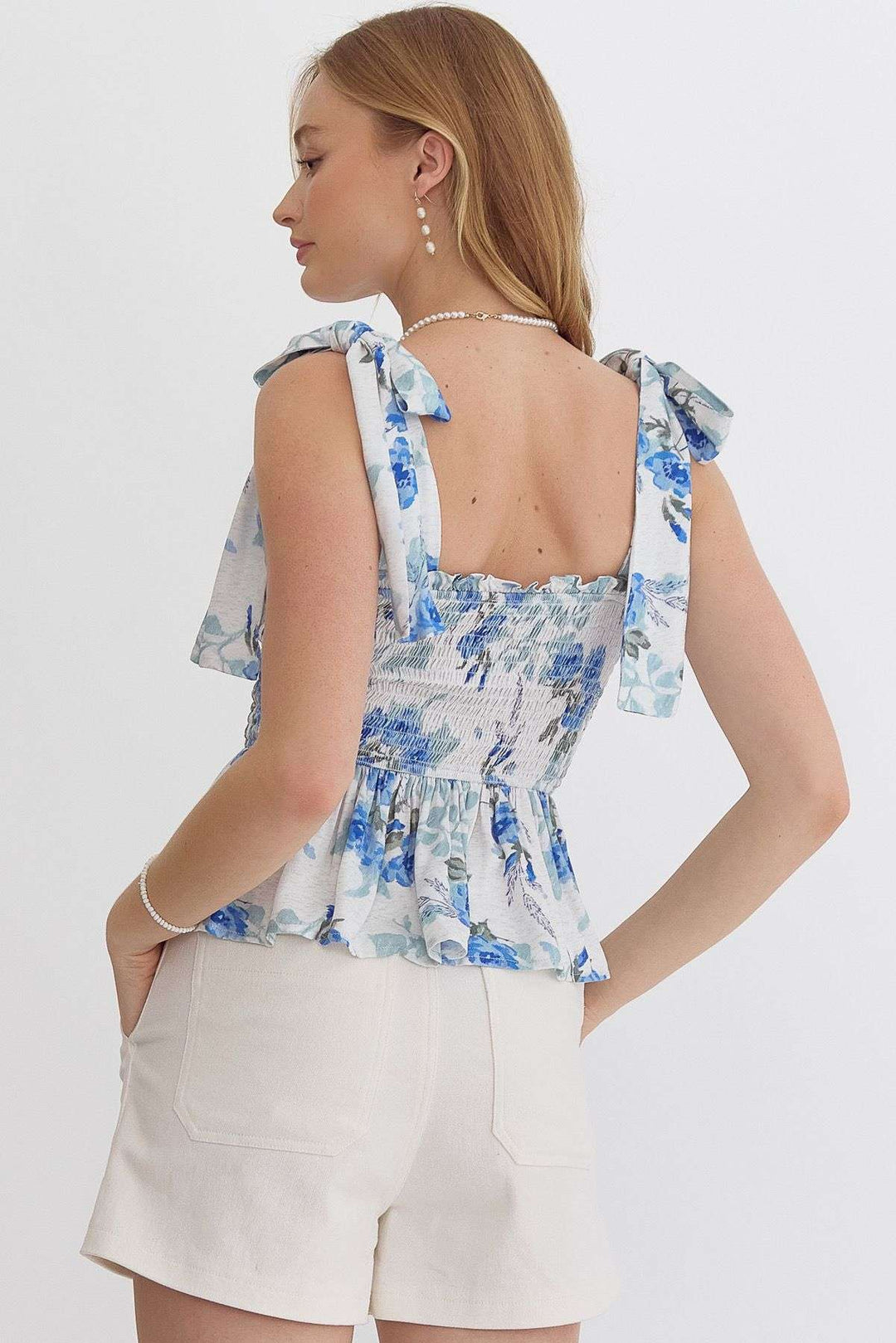Blue Flower Print Peplum Smock Tank