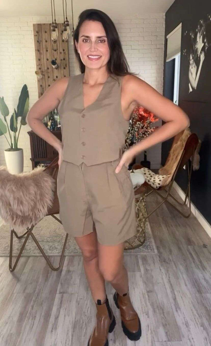 Angela Olive Short Vest Set