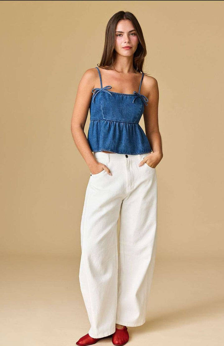 Sleeveless denim tank with front bow detail