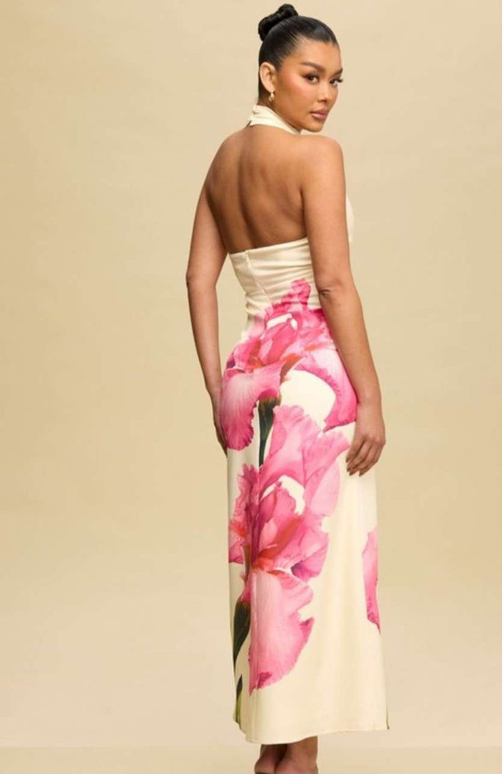 Women's pink floral halter dress with pink floral print, sleeveless summer dress featuring a flowy silhouette, perfect for garden parties, beach vacations, or casual daytime wear