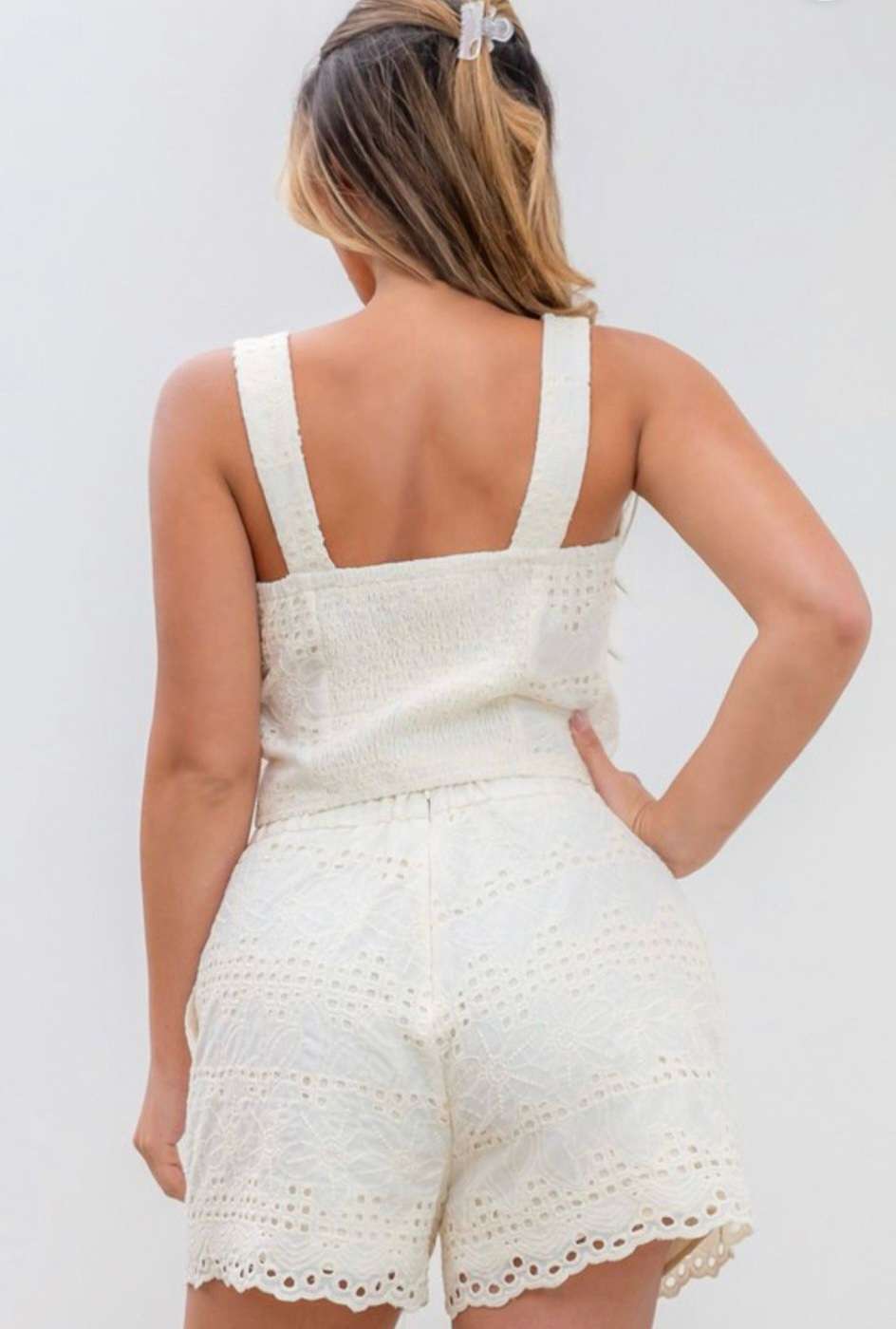 Boho ivory eyelet short set styled for vacation – lightweight and breezy summer look