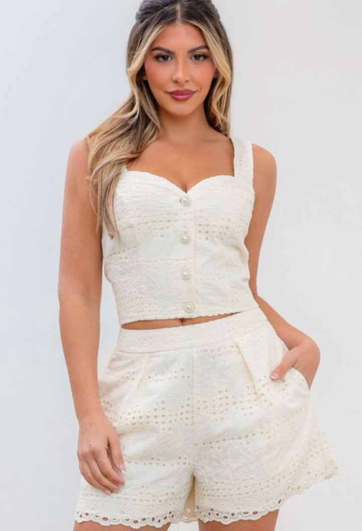 Boho ivory eyelet short set styled for vacation – lightweight and breezy summer look