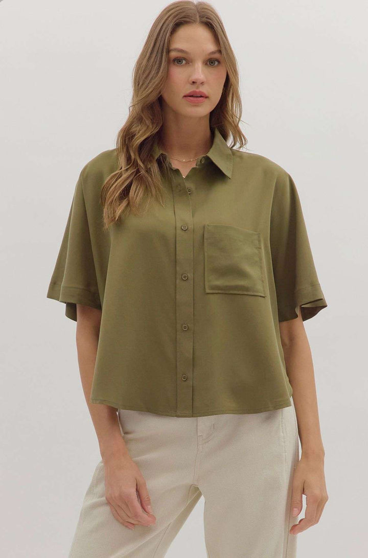 Women's olive green button-down boxy top with short sleeves and relaxed fit – casual and versatile blouse for everyday wear