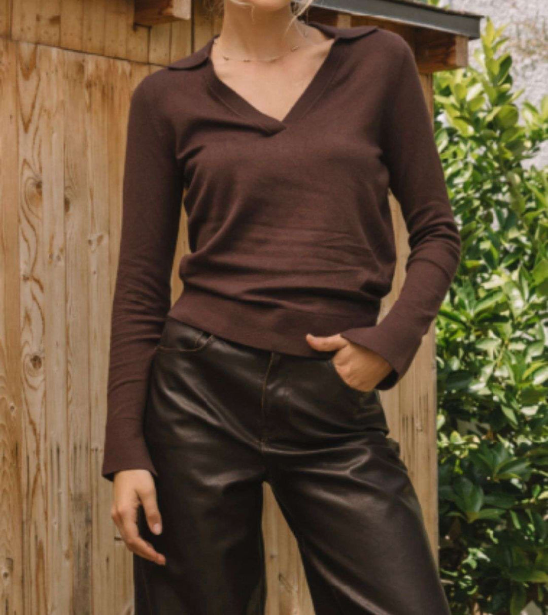 Chocolate V-neck sweater for women – cozy knit pullover with relaxed fit, perfect for fall and winter layering