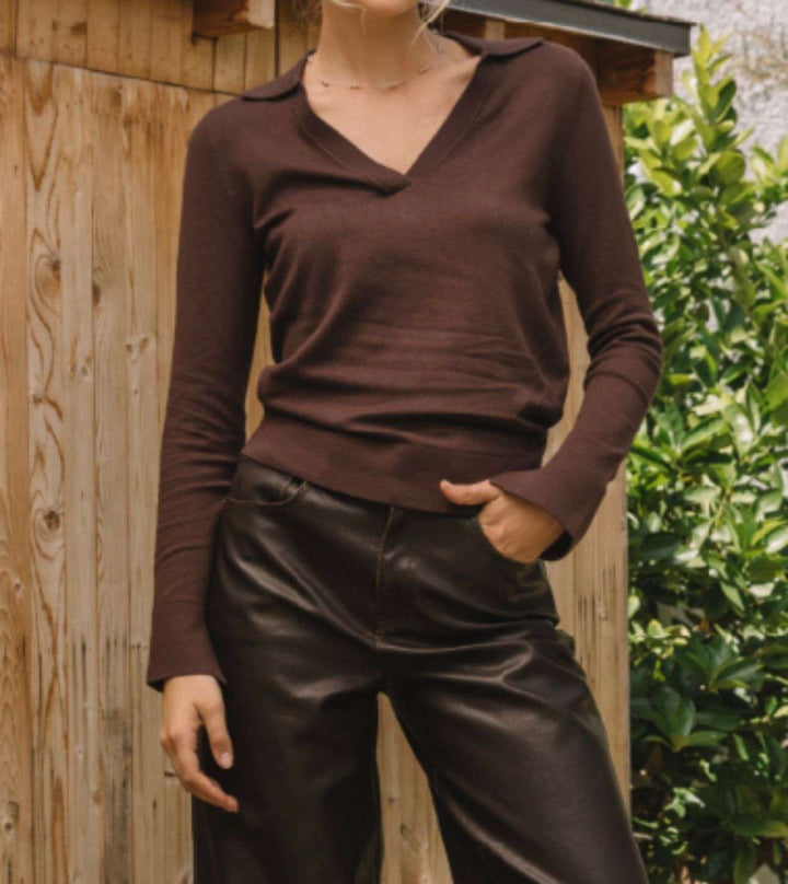 Chocolate V-neck sweater for women – cozy knit pullover with relaxed fit, perfect for fall and winter layering