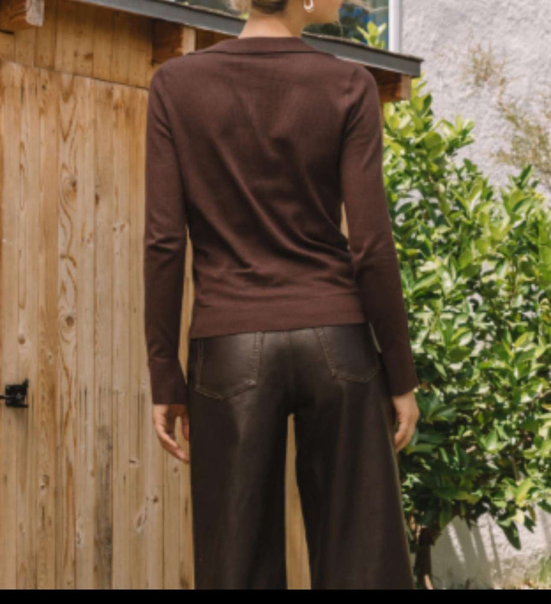 Chocolate V-neck sweater for women – cozy knit pullover with relaxed fit, perfect for fall and winter layering