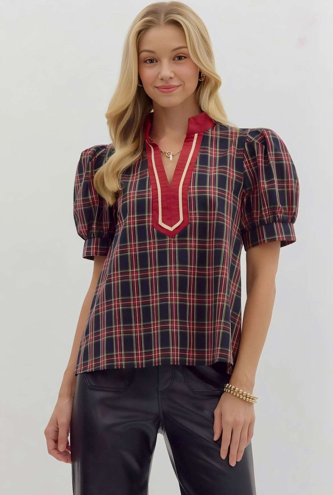 Trendy navy/burgundy plaid top – classic fall wardrobe staple