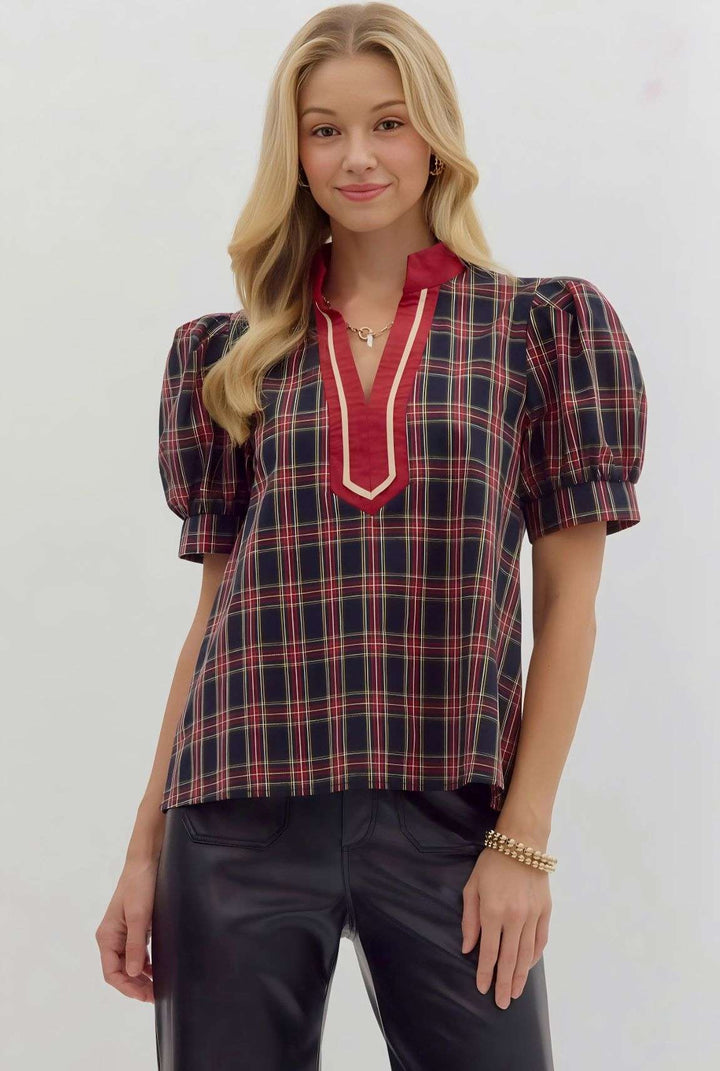 Trendy navy/burgundy plaid top – classic fall wardrobe staple