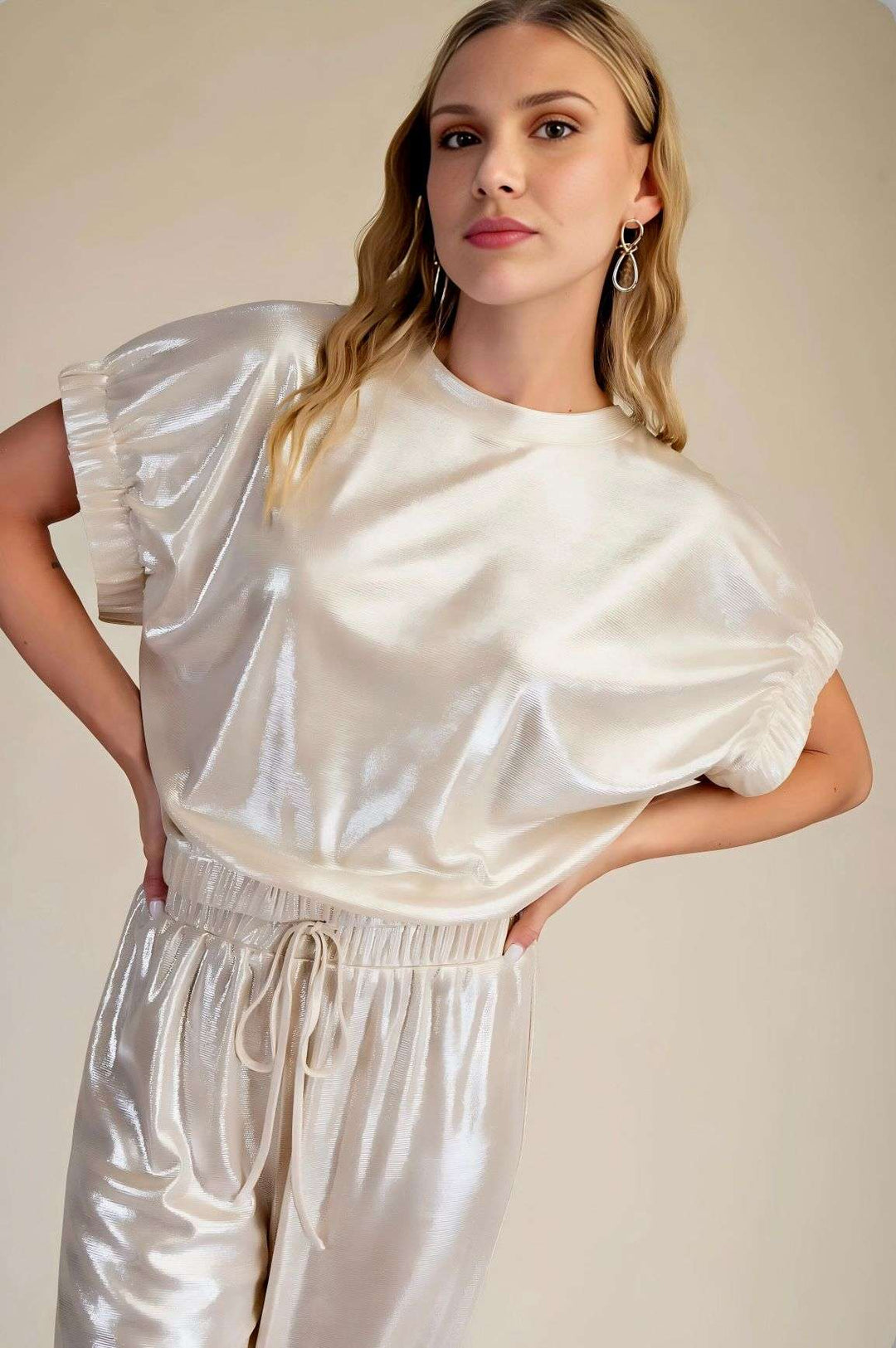 Women's champagne top with defined waistband – elegant and flattering blouse for formal or casual wear