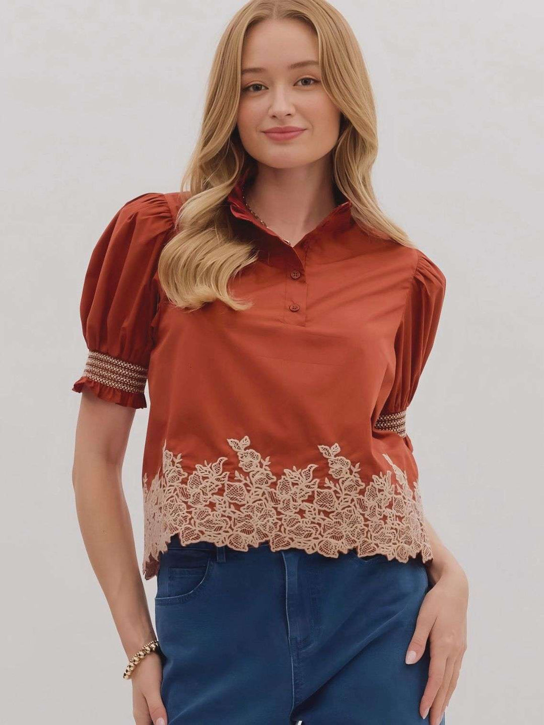 Women's brick top with embroidered border hem – stylish lightweight blouse with detailed embroidery for casual or dressy wear
