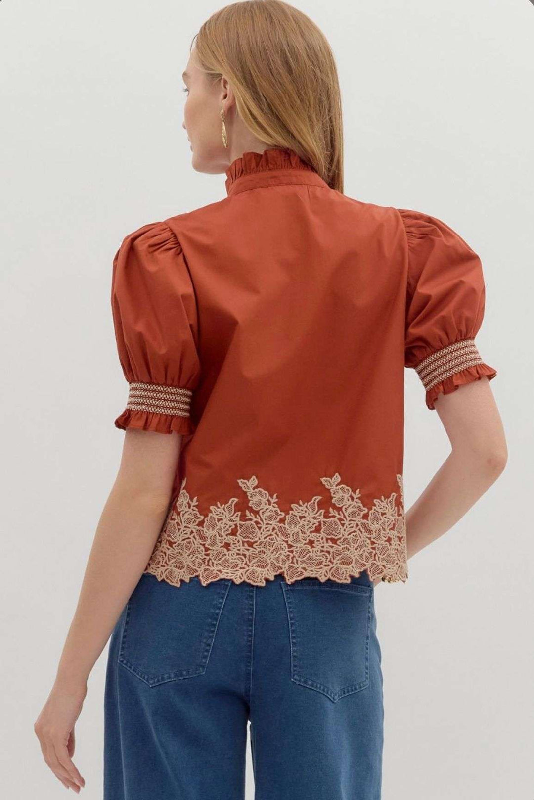 Women's brick top with embroidered border hem – stylish lightweight blouse with detailed embroidery for casual or dressy wear