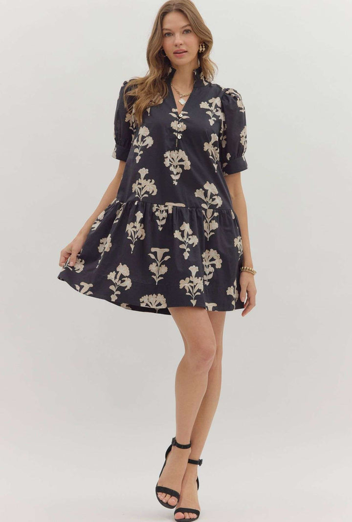 Black and beige floral dress for women with flowy silhouette and elegant flower print