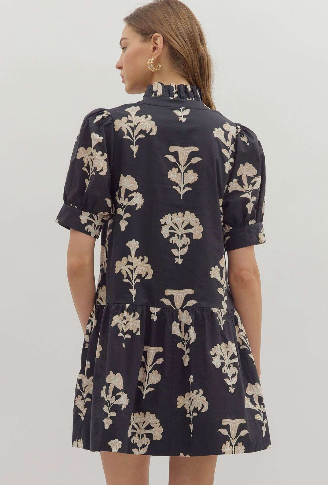 Black and beige floral dress for women with flowy silhouette and elegant flower print