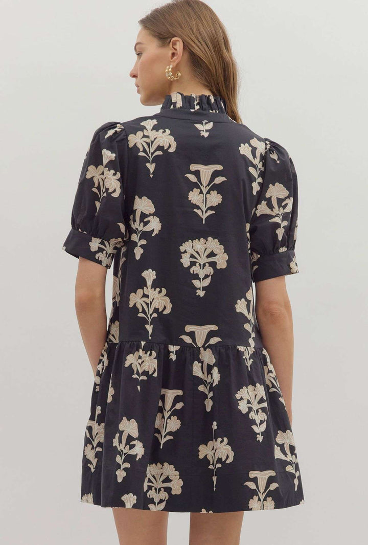 Black and beige floral dress for women with flowy silhouette and elegant flower print