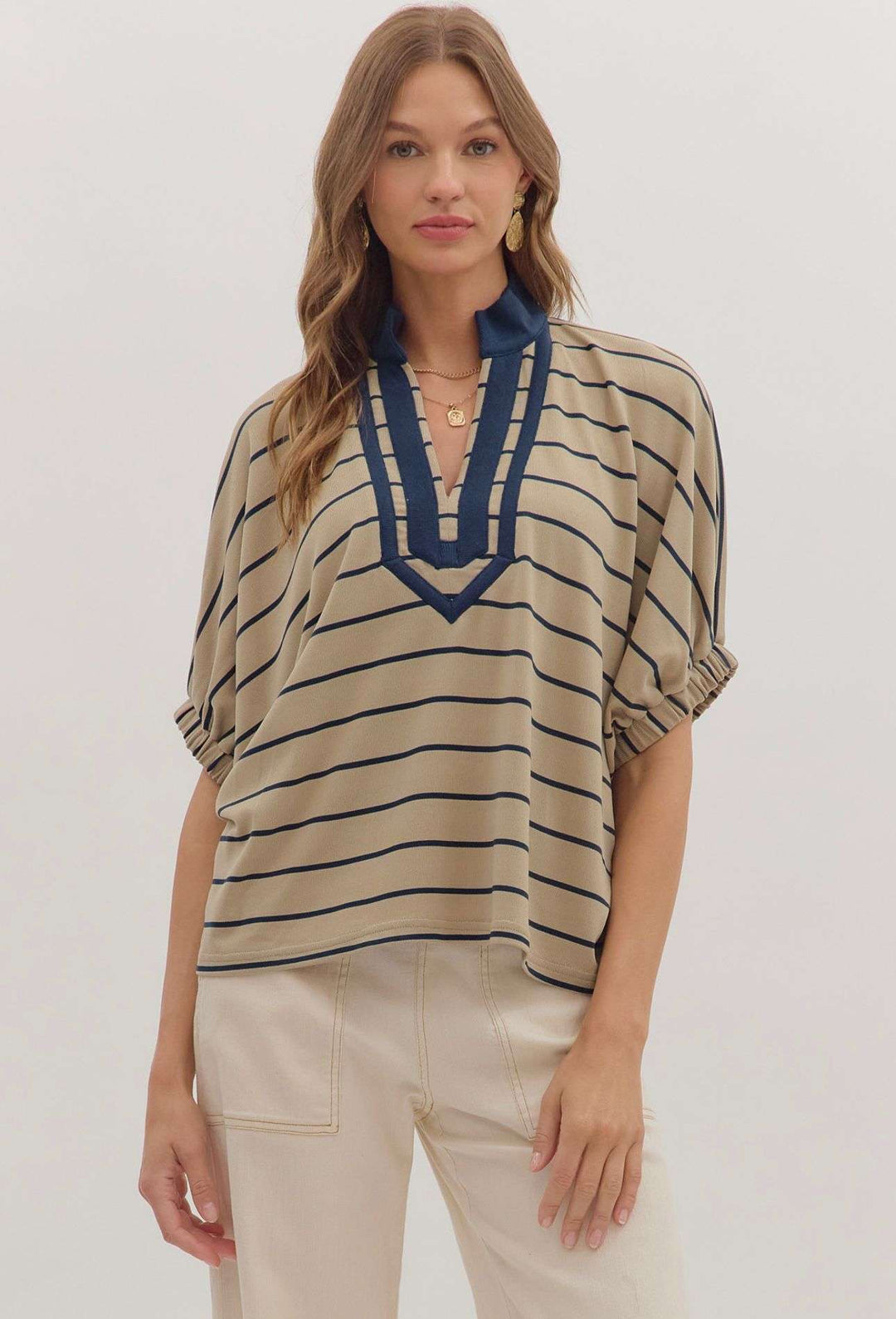 Casual taupe and navy striped top for women, perfect for everyday wear