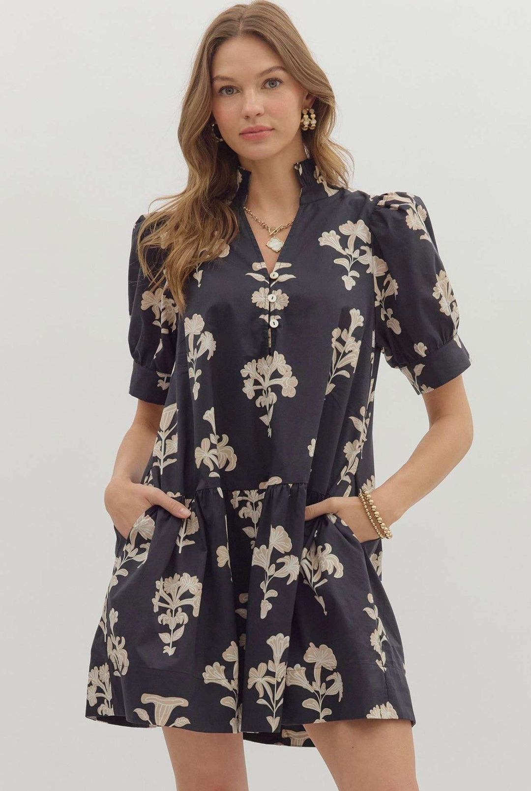 Black and beige floral dress for women with flowy silhouette and elegant flower print
