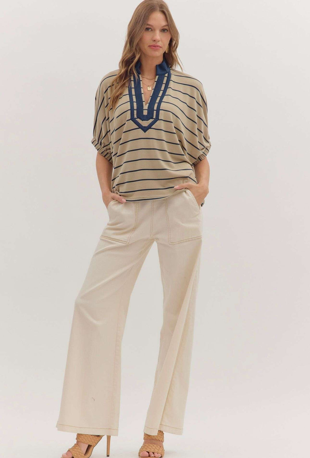 Casual taupe and navy striped top for women, perfect for everyday wear
