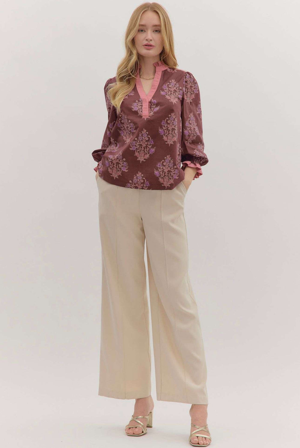 Women’s lavender floral blouse styled for fall with soft floral pattern and relaxed fit