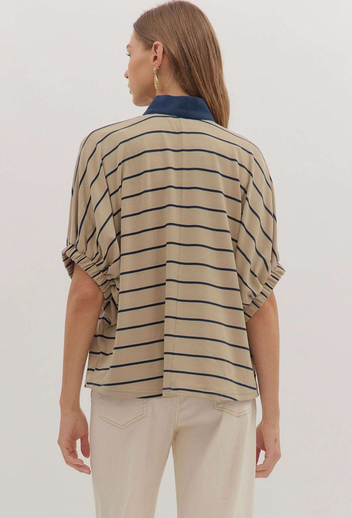 Casual taupe and navy striped top for women, perfect for everyday wear