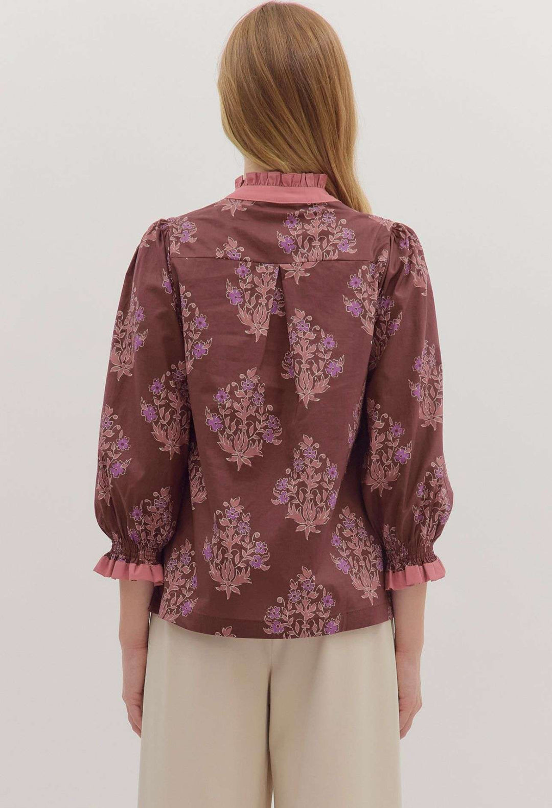 Women’s lavender floral blouse styled for fall with soft floral pattern and relaxed fit