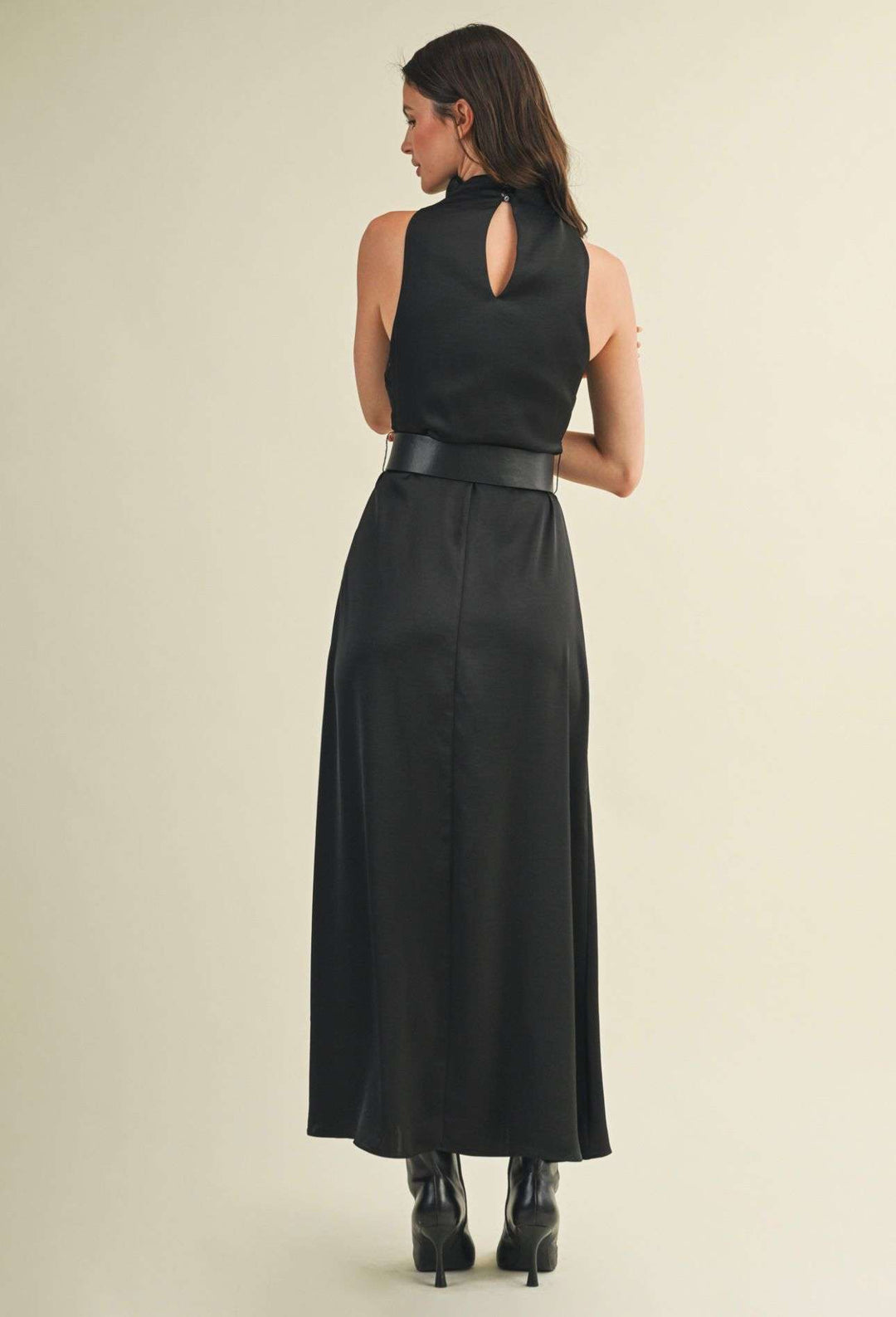 Black high neck sleeveless dress for women – belted waist, elegant A-line silhouette, perfect for formal events, parties, or evening wear.