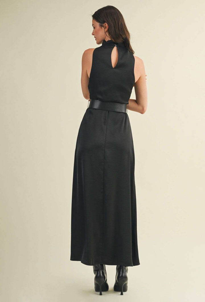Black high neck sleeveless dress for women – belted waist, elegant A-line silhouette, perfect for formal events, parties, or evening wear.