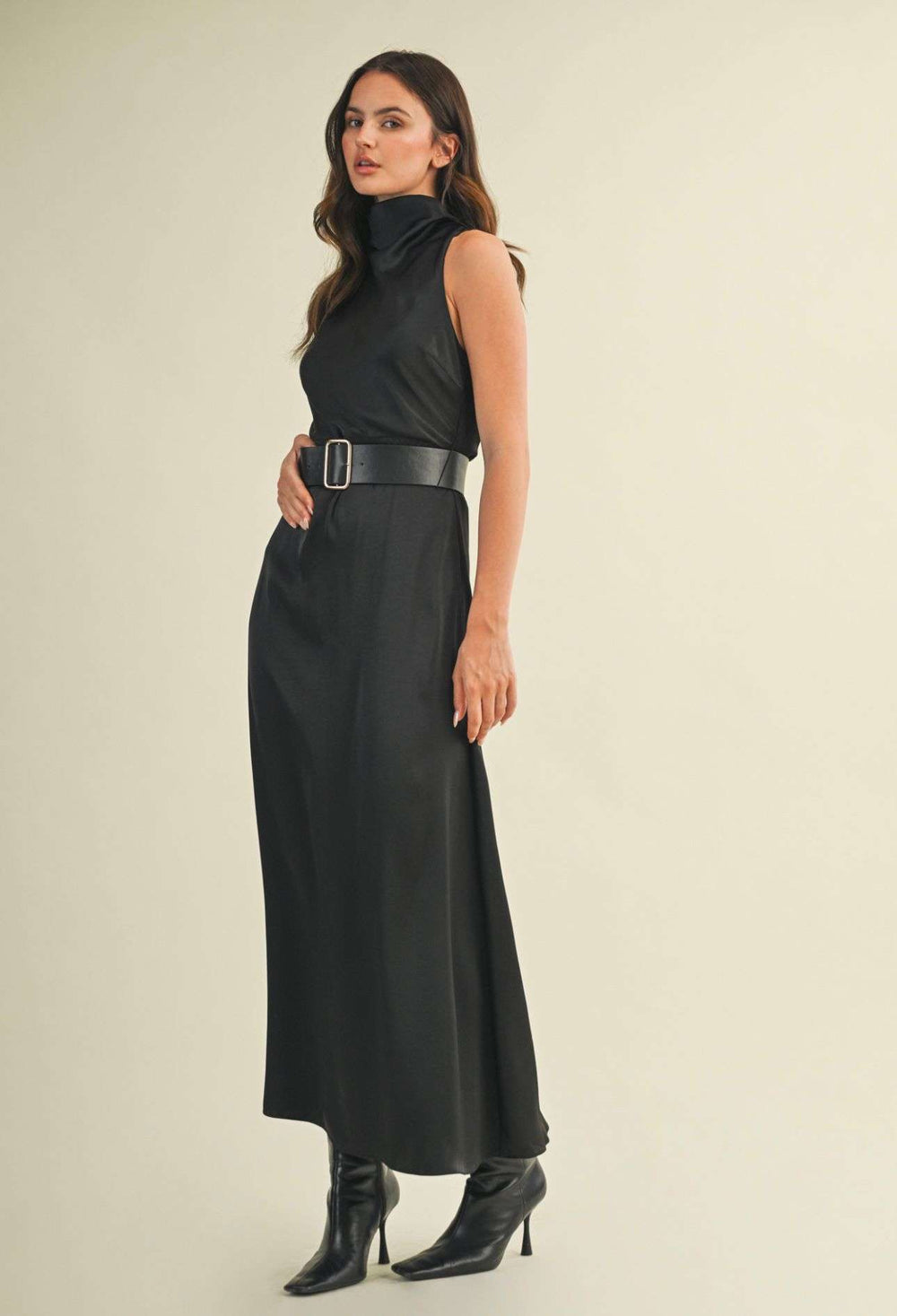 Black high neck sleeveless dress for women – belted waist, elegant A-line silhouette, perfect for formal events, parties, or evening wear.