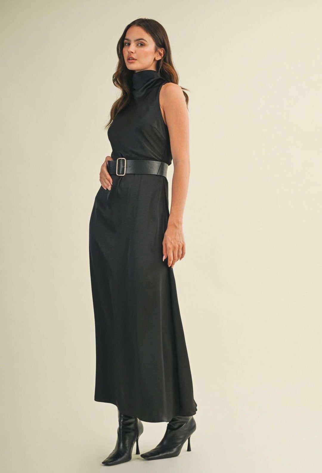 Black high neck sleeveless dress for women – belted waist, elegant A-line silhouette, perfect for formal events, parties, or evening wear.