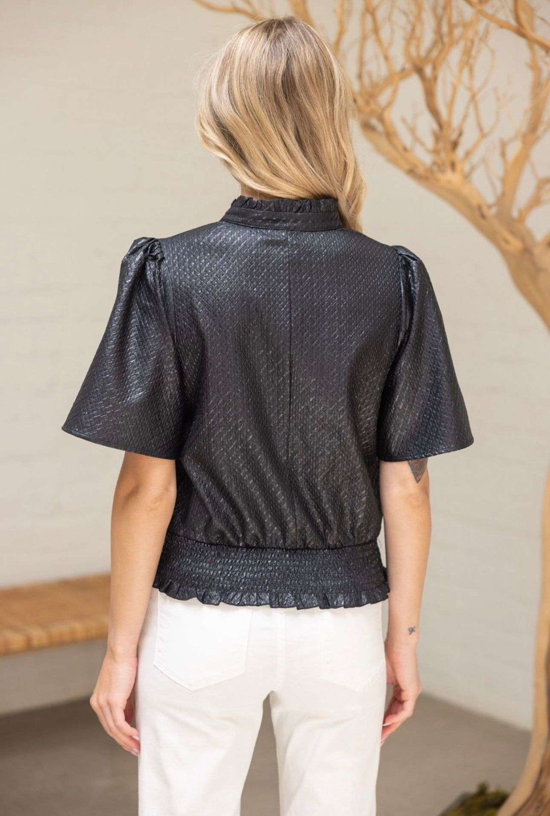 Black smocked hem top for women – short-sleeve casual blouse with elastic smocked waist for a flattering fit, perfect for everyday wear or layering.