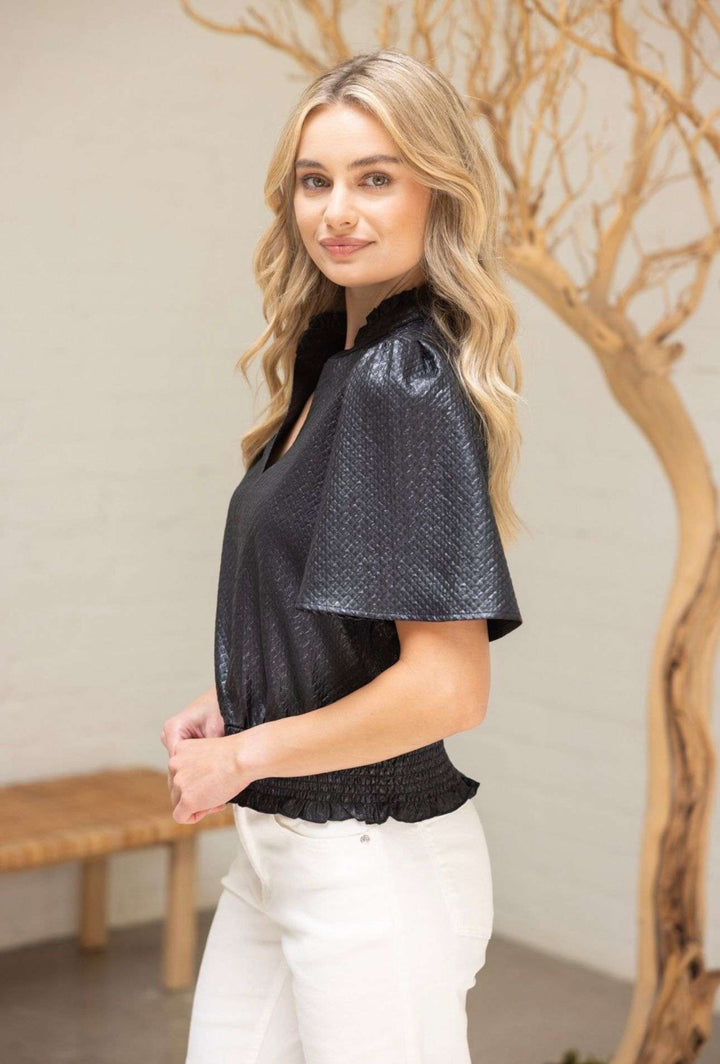 Black smocked hem top for women – short-sleeve casual blouse with elastic smocked waist for a flattering fit, perfect for everyday wear or layering.