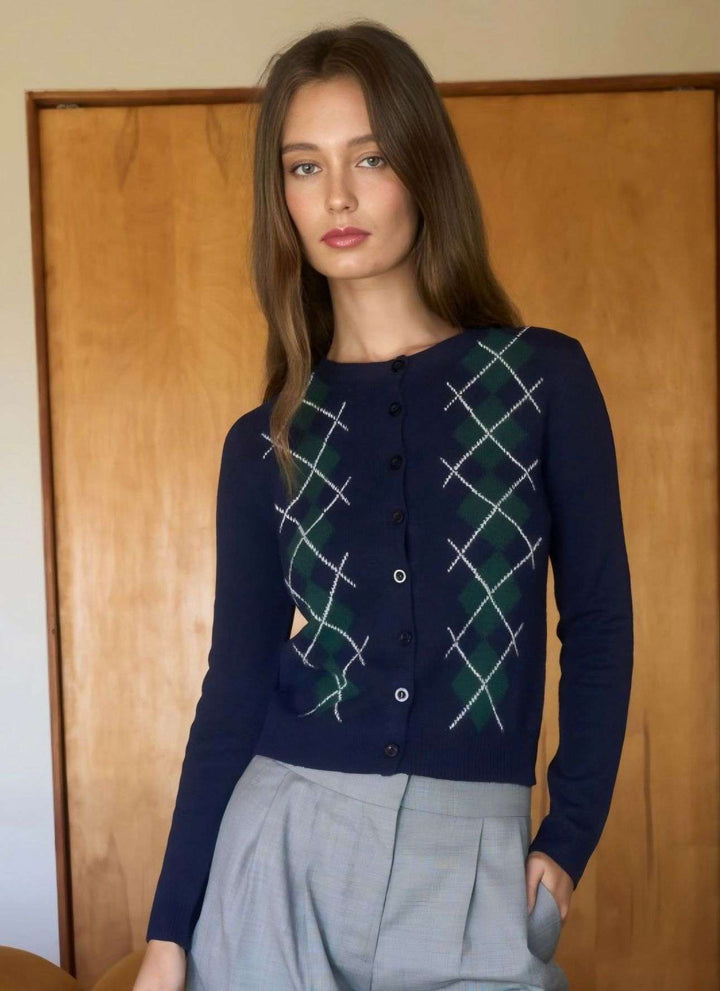 Navy and green argyle pattern cardigan with button-down front, classic knit sweater for cool weather layerin