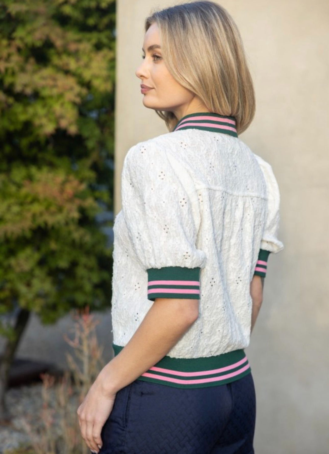 Striped Rib White Eyelet Top