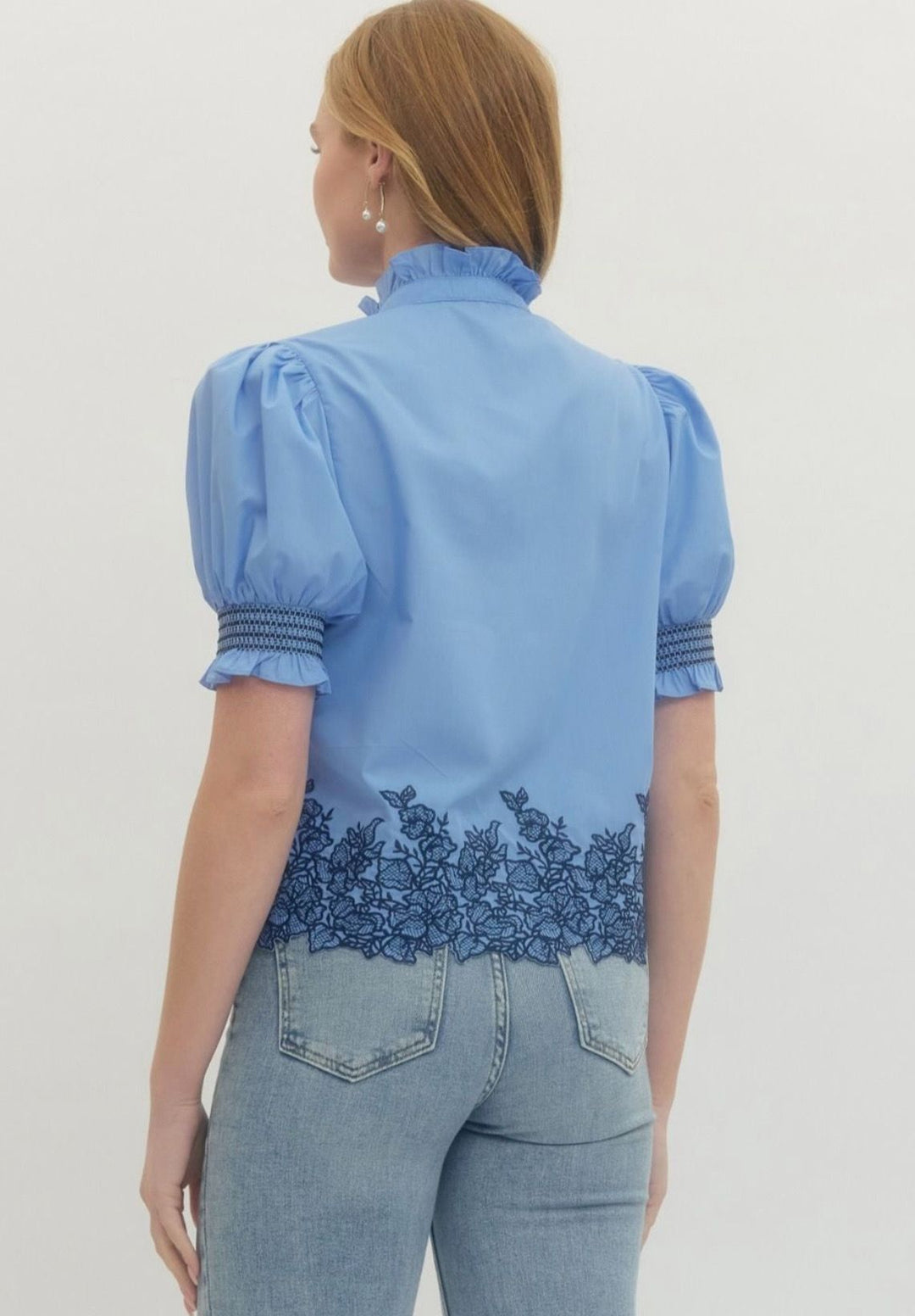 Blue Embroidered Border Hem Top