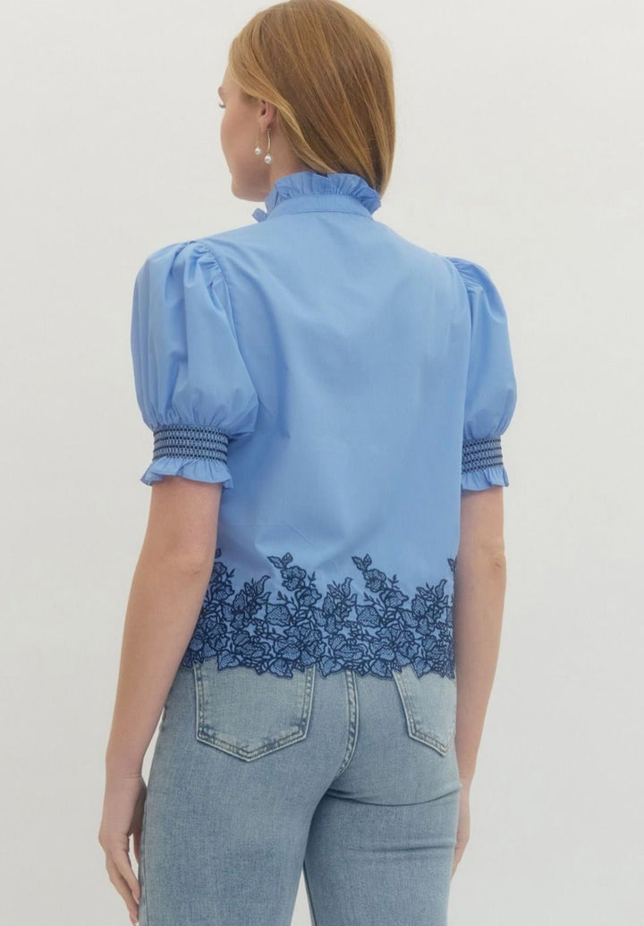 Blue Embroidered Border Hem Top