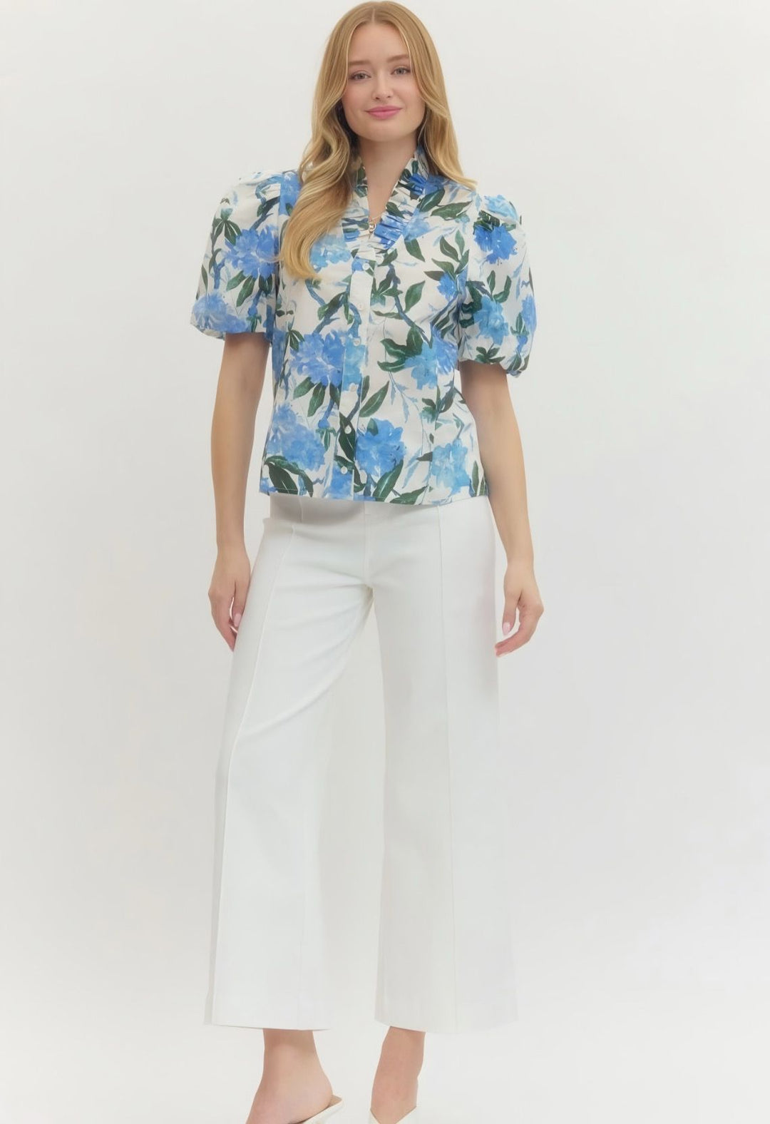 Blue/White Floral Button Top