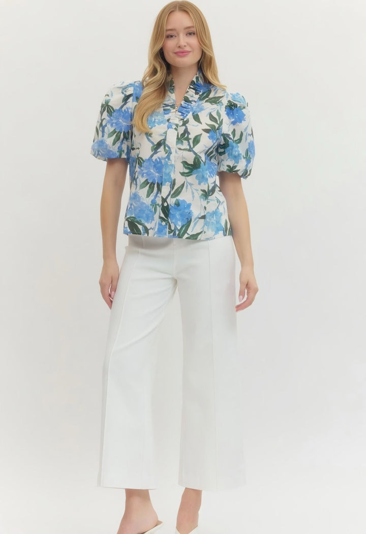 Blue/White Floral Button Top