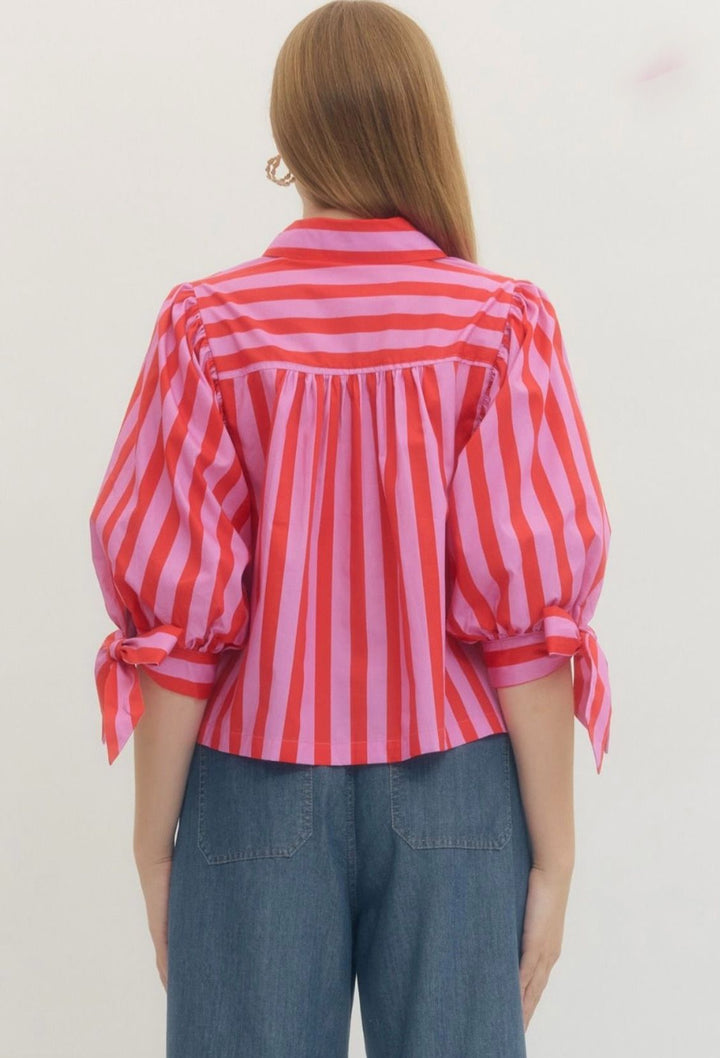 Red Stripe Button Top