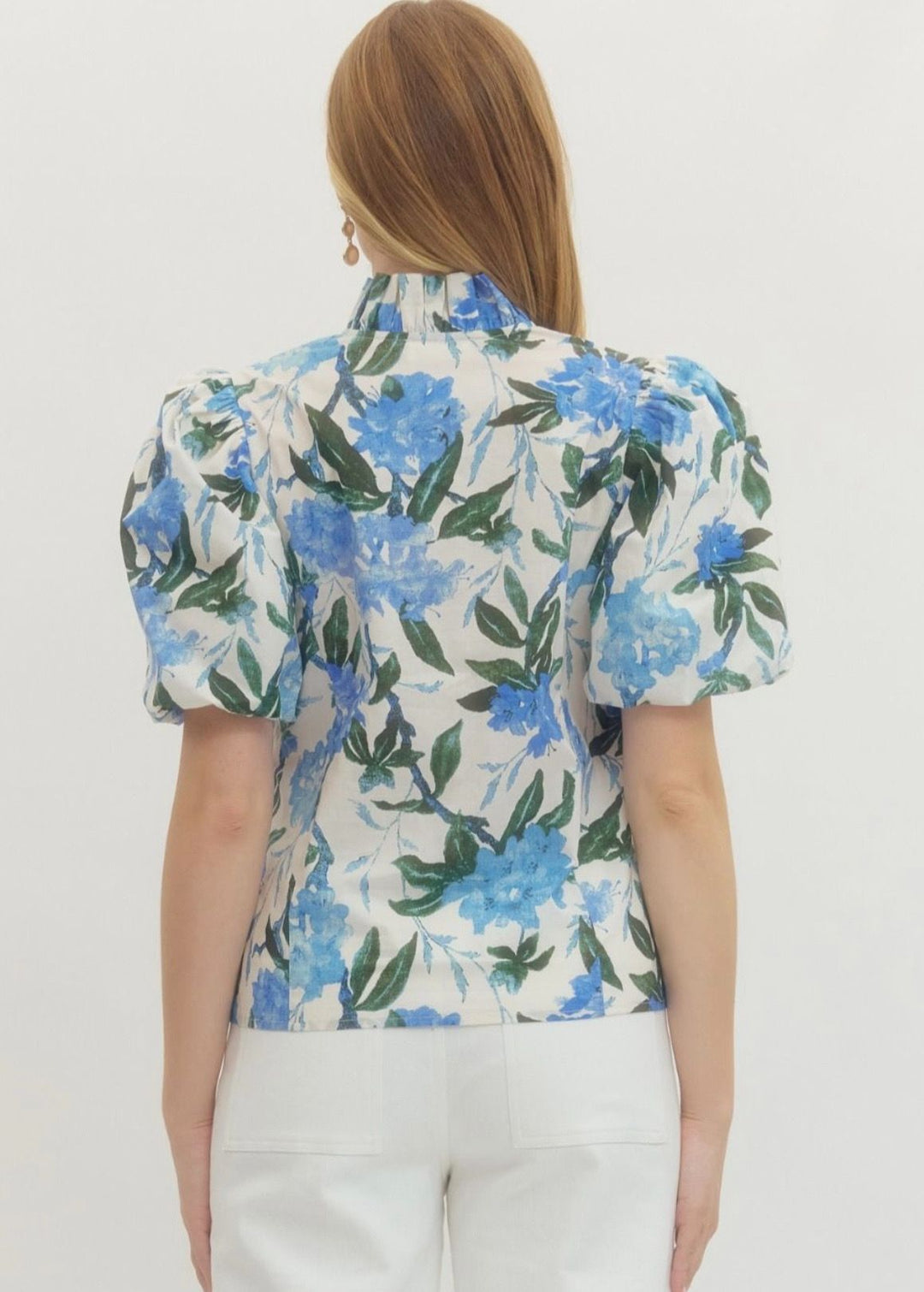 Blue/White Floral Button Top