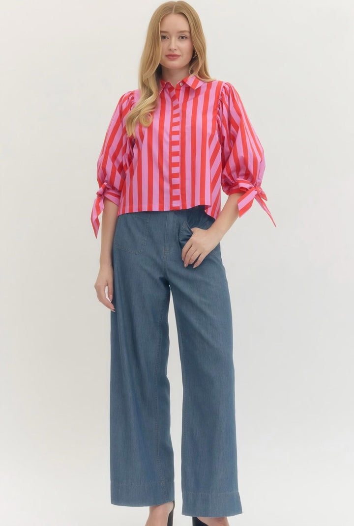Red Stripe Button Top