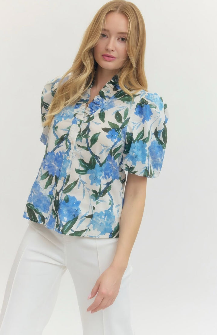 Blue/White Floral Button Top