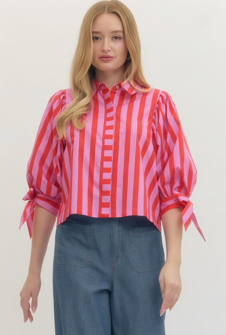 Red Stripe Button Top