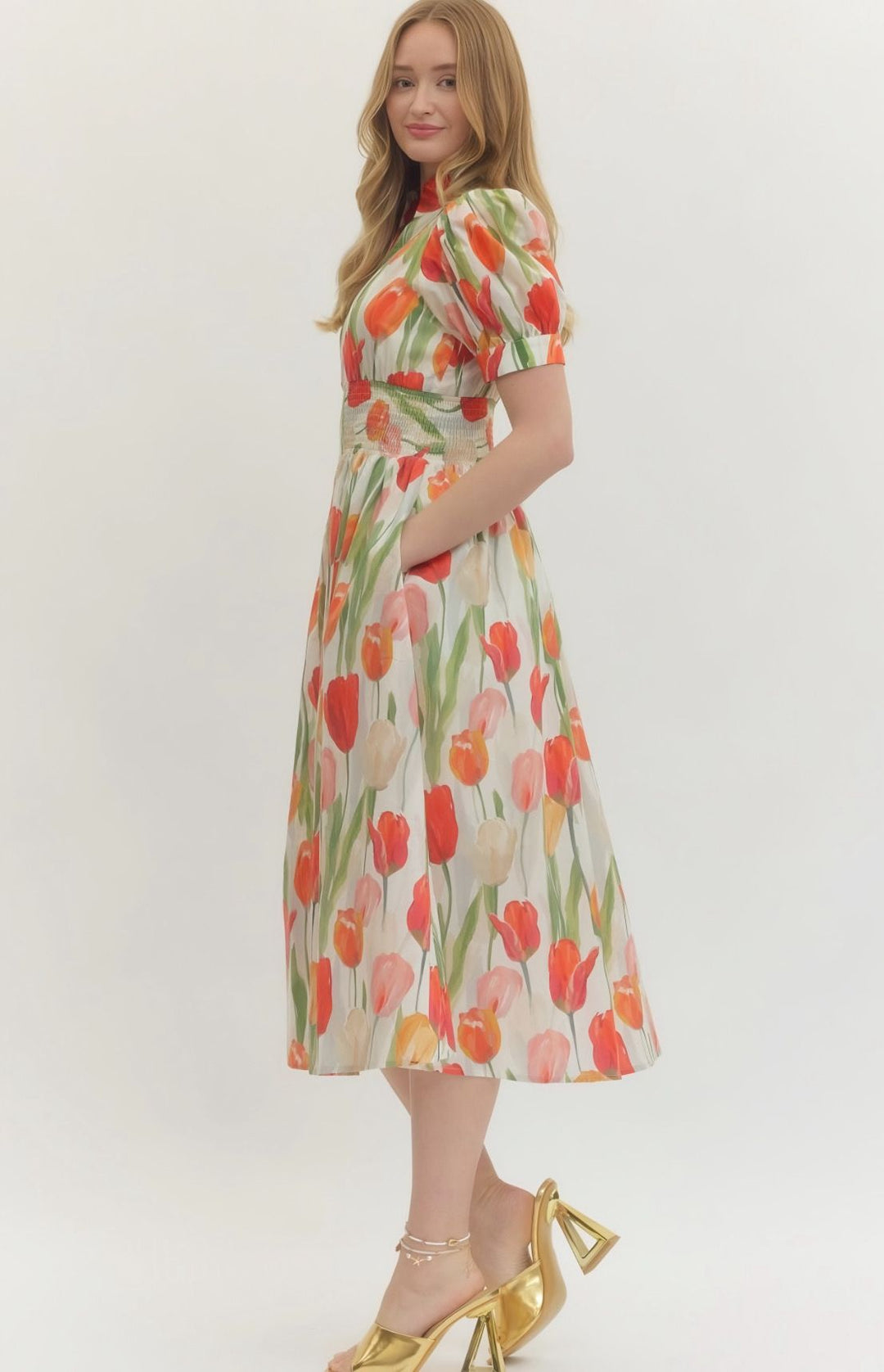 Tulip Print Zipper Midi Dress