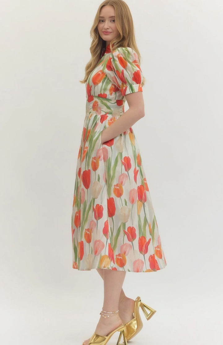 Tulip Print Zipper Midi Dress