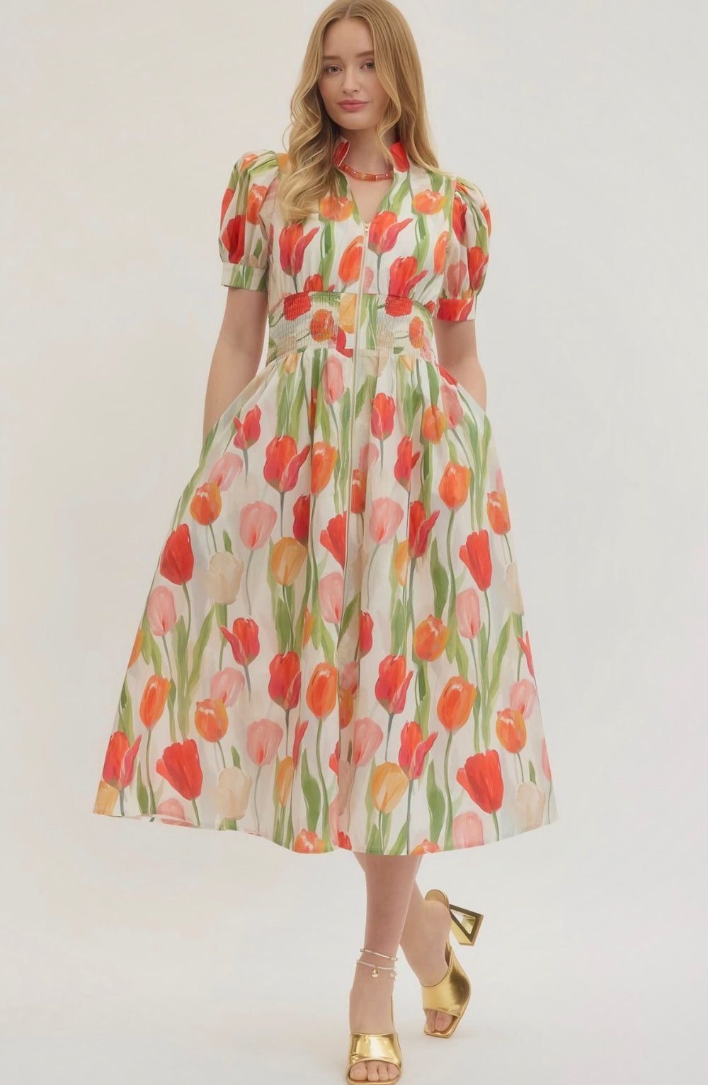 Tulip Print Zipper Midi Dress
