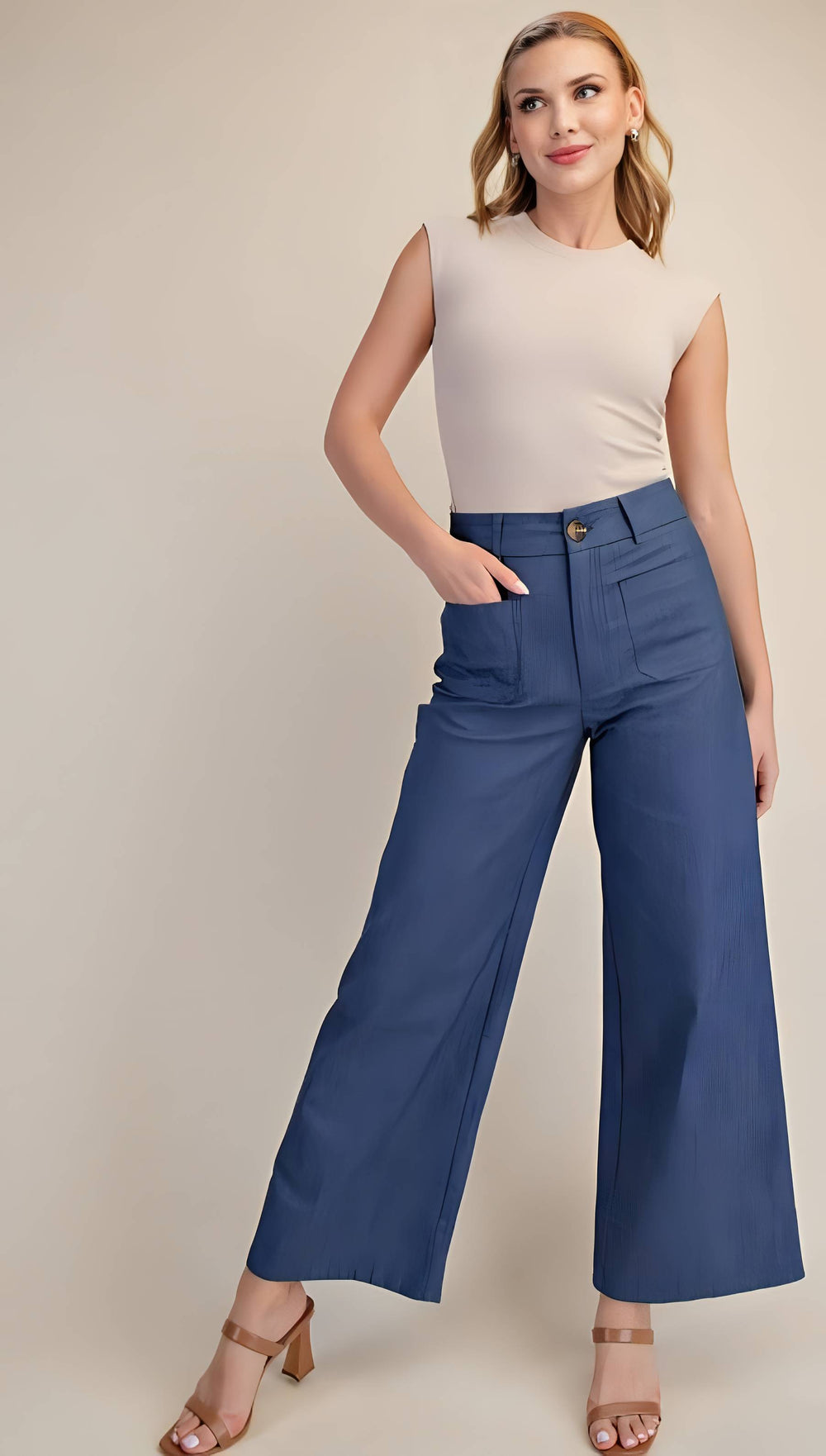 Woman wearing a beige sleeveless top and blue wide-leg pants on a beige background
